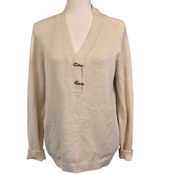 Charter Club Womens M Beige Metalic Thread Sparkle Cotton Henley Sweater Buckle - Picture 9 of 9